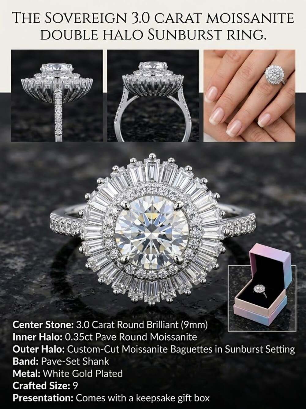 Moissanite Diamond 3 CT Center Stone Double Halo White Gold Size 9